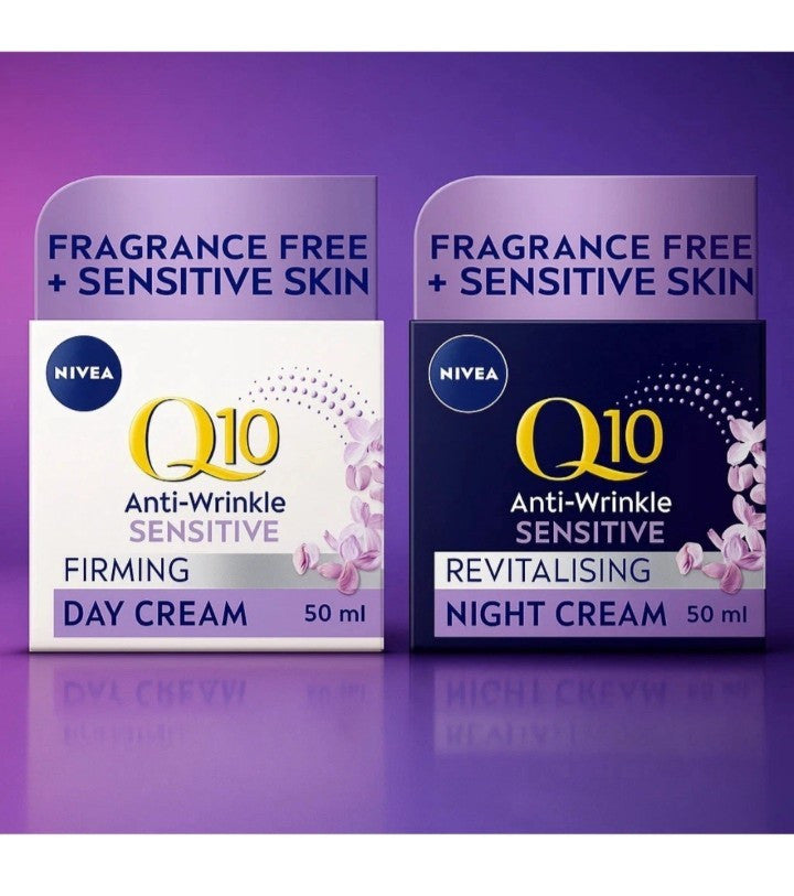 NIVEA Q10 Sensitive Anti-Wrinkle Creams – Day + Night Skincare Set, Brand New