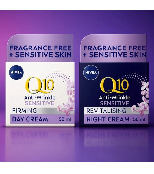 NIVEA Q10 Sensitive Anti-Wrinkle Creams – Day + Night Skincare Set, Brand New